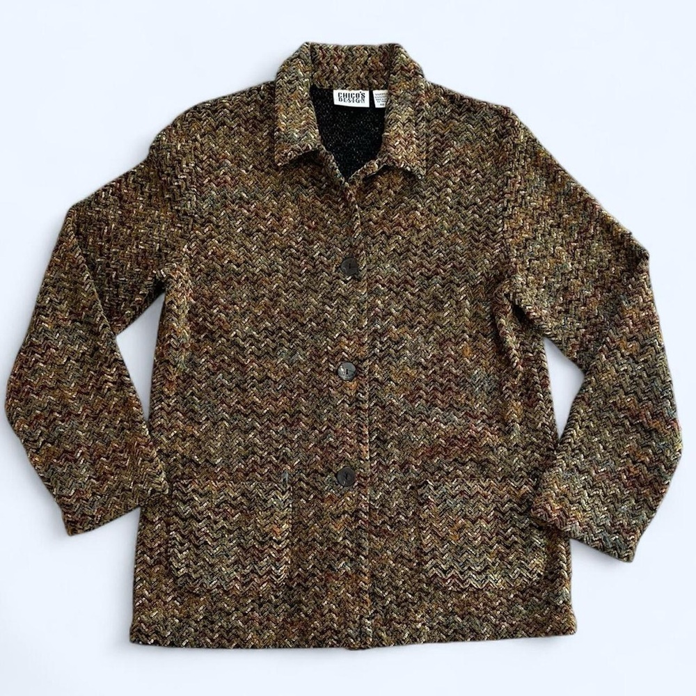 Chico’s Size 1 Medium Green Brown Orange Red Button Up Casual Knit Blazer Jacket